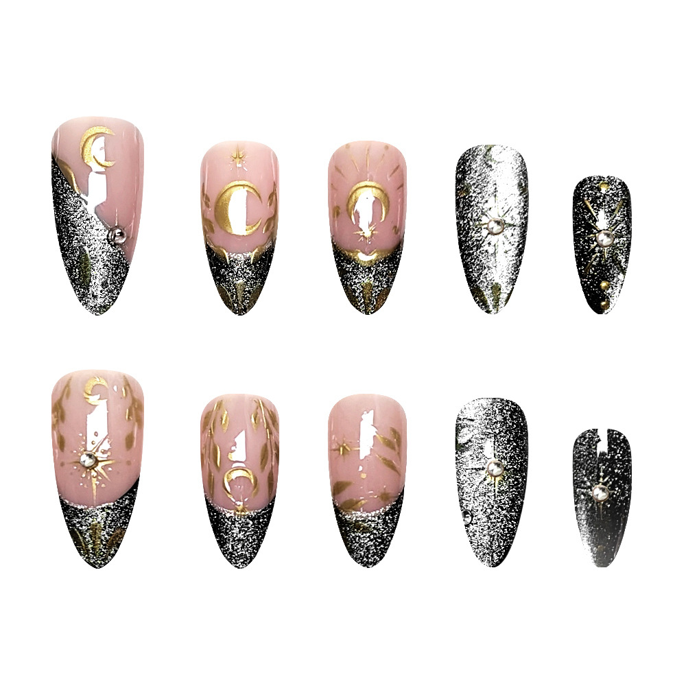 3D estereoscópico LIP dorado desgaste uña estrella de luna hojas de ojo de gato uñas 24 piezas clásicas de oro negro perforación de uñas falsas image 5