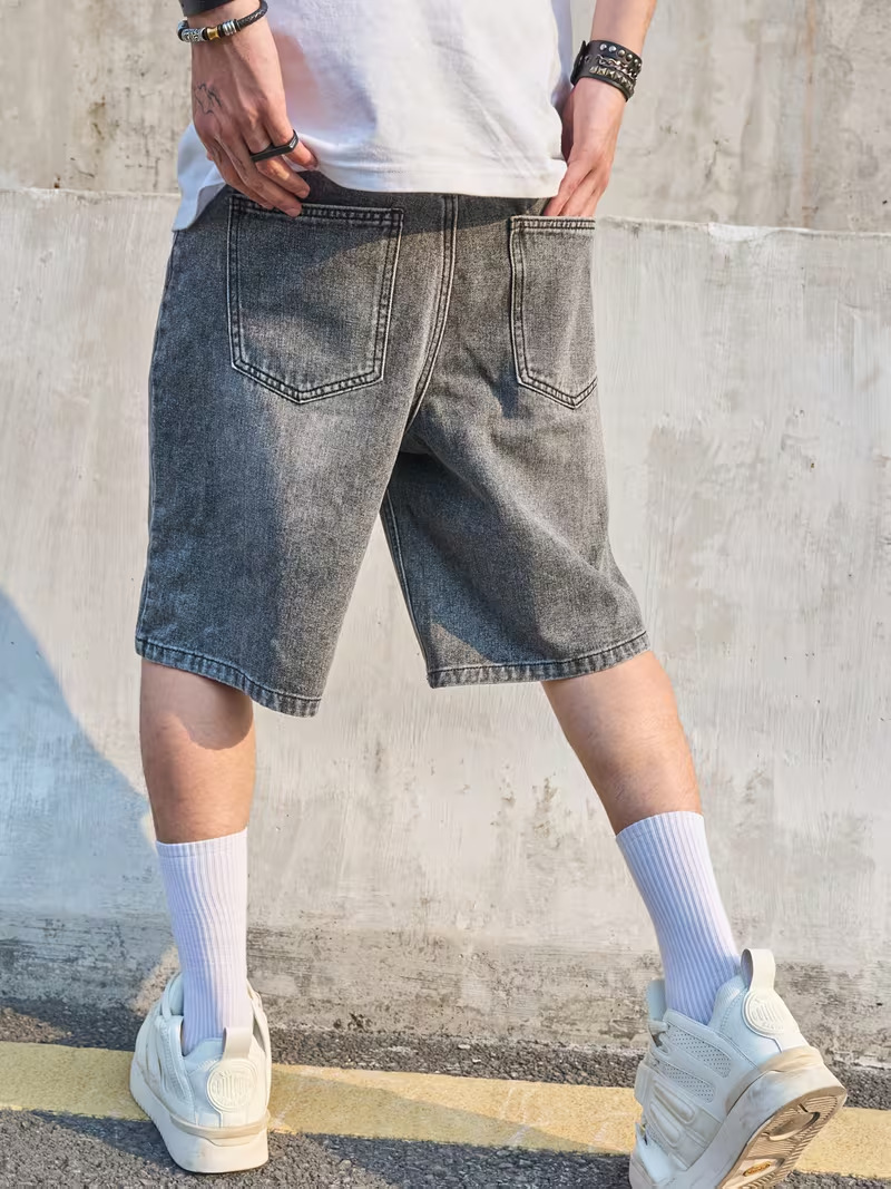 Heren denim shorts stone washed relaxed fit rechte broekspijp_voghion.com