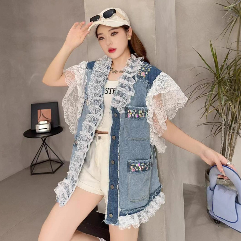 Diseño pesado diamante de cuello V chaleco denim de verano nuevo encaje suelto chaqueta sin mangas de lótus