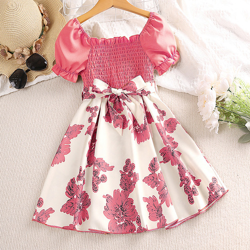 2024 Girls' Summer Dress New Children's Formal Wear Short Sleeve Printed Princess Dress European and American Children's Clothing Wholesale