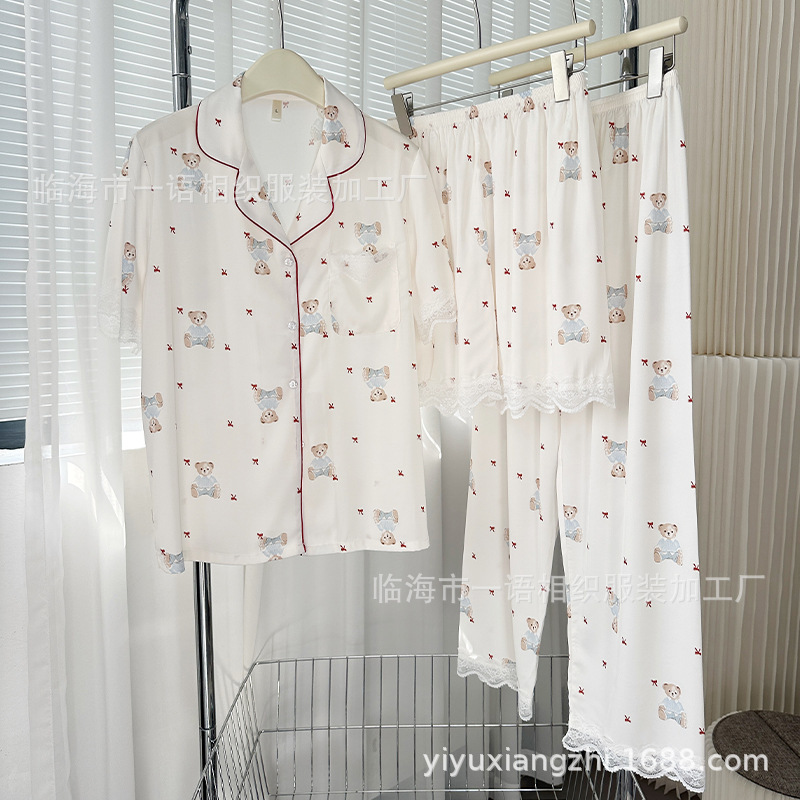 2024 Summer New Teddy Bear Three-Piece Pajama Set for Women Lapel Ice Silk Ultra-Thin Women's Homewear Set