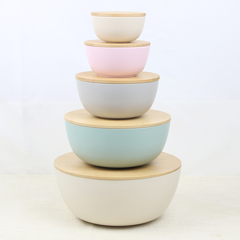 Cross-Border Supply of Bamboo Lid Round Bowl Fda Easy-To-Wash Bamboo Fiber Salad Bowl Daily Kitchen Tableware Flour Mixing Bowl