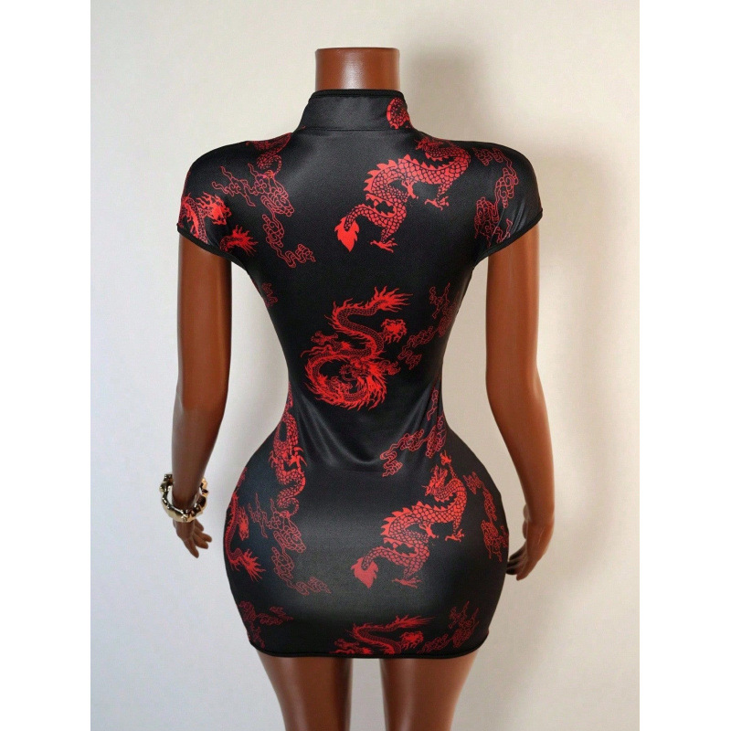 Summer AliExpress Fashion Cross-Border Trendy Street Style Chinese Dragon Print Short-Sleeve Qipao Dress