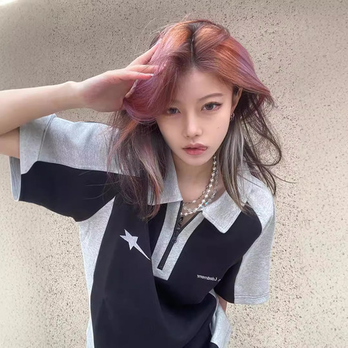 American splicing short-sleeved T-shirt women's summer retro high street contrast preppy style oversize loose couple's top