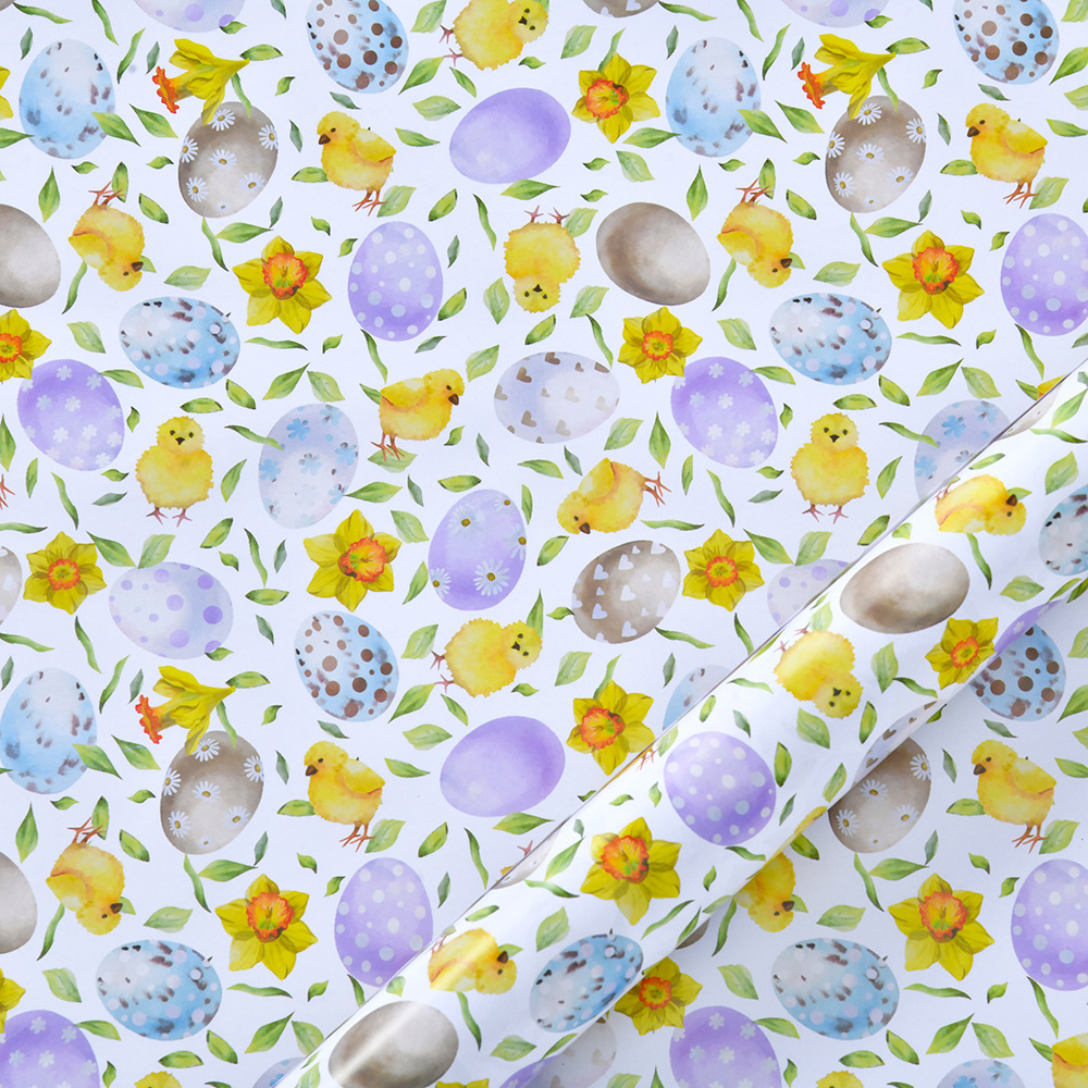 Papel de regalo de Pascua transfronterizo con estampado de conejo y pollito de dibujos animados, papel de regalo floral DIY