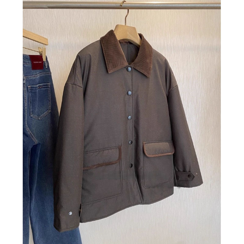 掌柜自留！！温暖实穿 法G复古翻领拼接灯芯绒舒适骆驼绒棉服外套