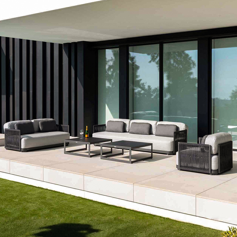 Sofá de tejido de cuerda al aire libre patio jardín terraza balcón hotel de alojamiento residencial cama reclinada de ocio protección solar impermeable mesa de té combinación