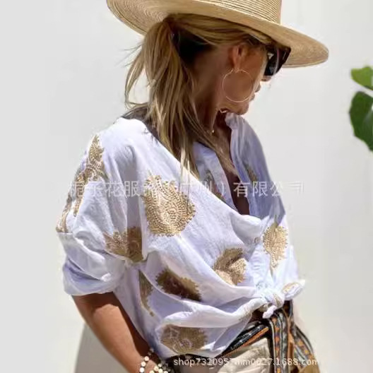 European and American printed women's shirt autumn new graphic printing independent stand long sleeve lapel button women's shirt Women