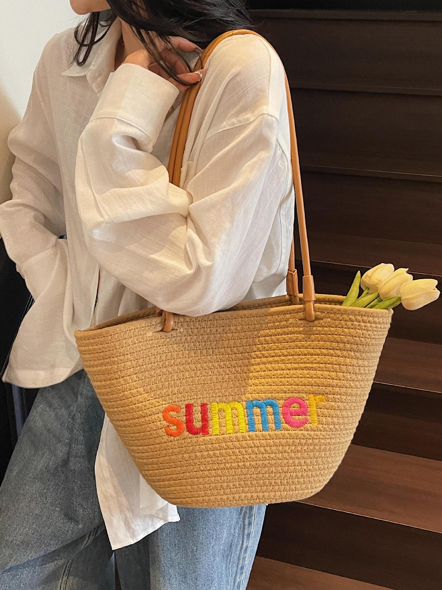 Bolso Tote de Paja Playero, Paja, Diseño Abierto, para Vacaciones y Uso Diario