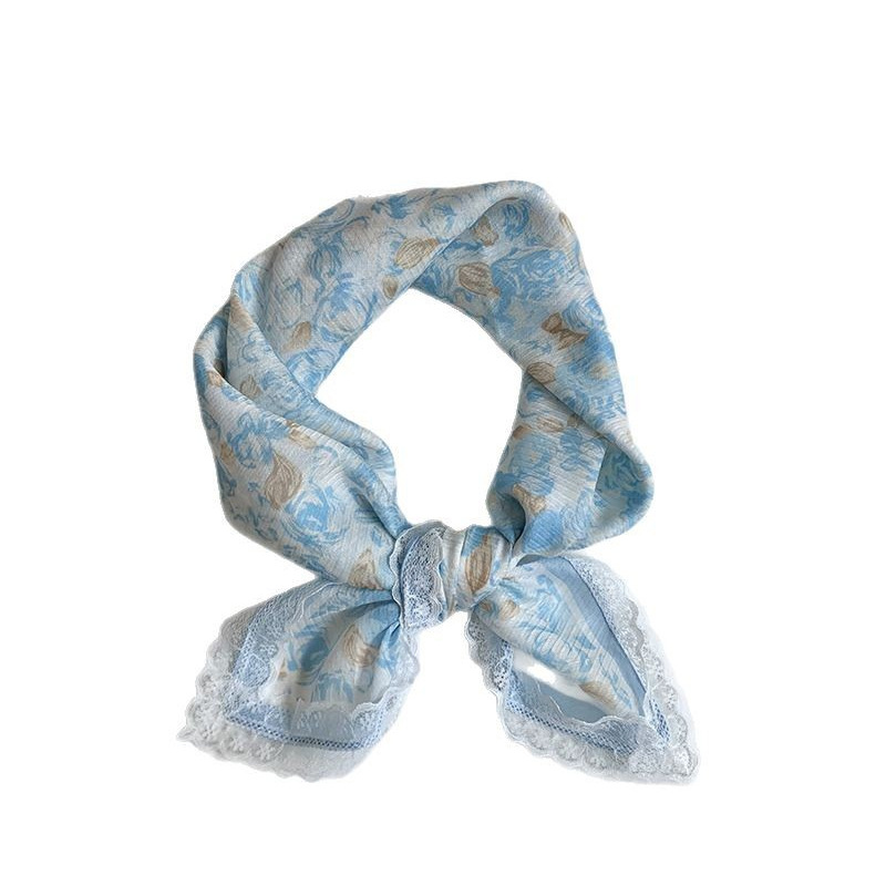 Bufanda de seda, bufanda cuadrada pequeña, sensación de alta calidad, nuevo pañuelo de encaje francés, diadema pastoral femenina de verano, cinta para el cabello atada
