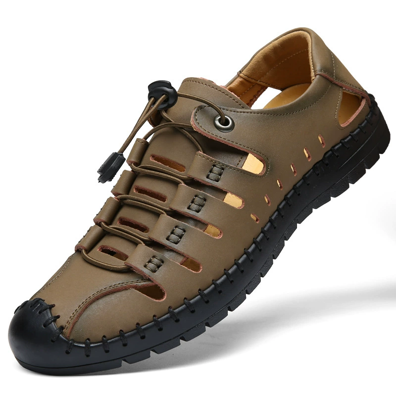 Men's summer genuine leather sandals, non‑slip soft sole, breathable cutouts — sizes EU 38–47