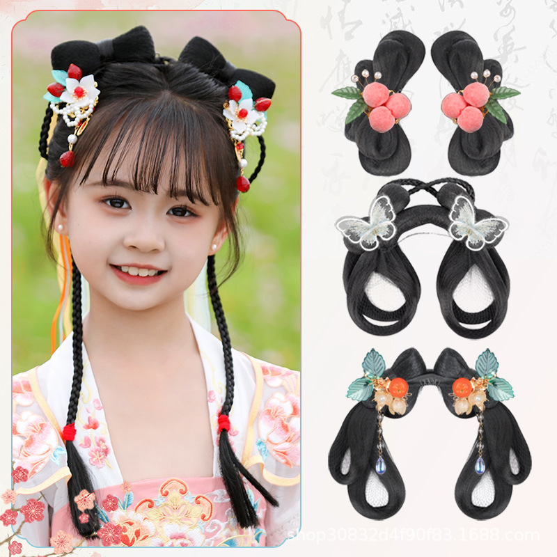 Ancient Chinese Clothing Wig Integrated Bow Hair Bundle Antique Ming Style Children's All-match Hair Bun Daily Pad Hair Bag Ancient Chinese Clothing Wig Integrated Bow Hair Bundle Antique Ming Style Children's All-match Hair Bun Daily Pad Hair Bag