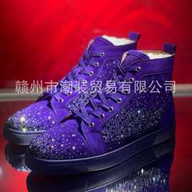 cl andgz男鞋紫色牛绒满天星烫钻高帮红底鞋五星水晶女鞋休闲板鞋