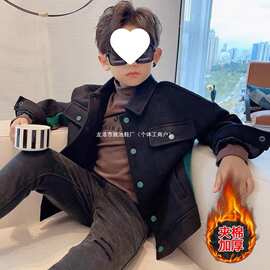 韩国男童毛呢短款外套2025秋冬儿童加棉上衣中大童装撞色保暖夹克