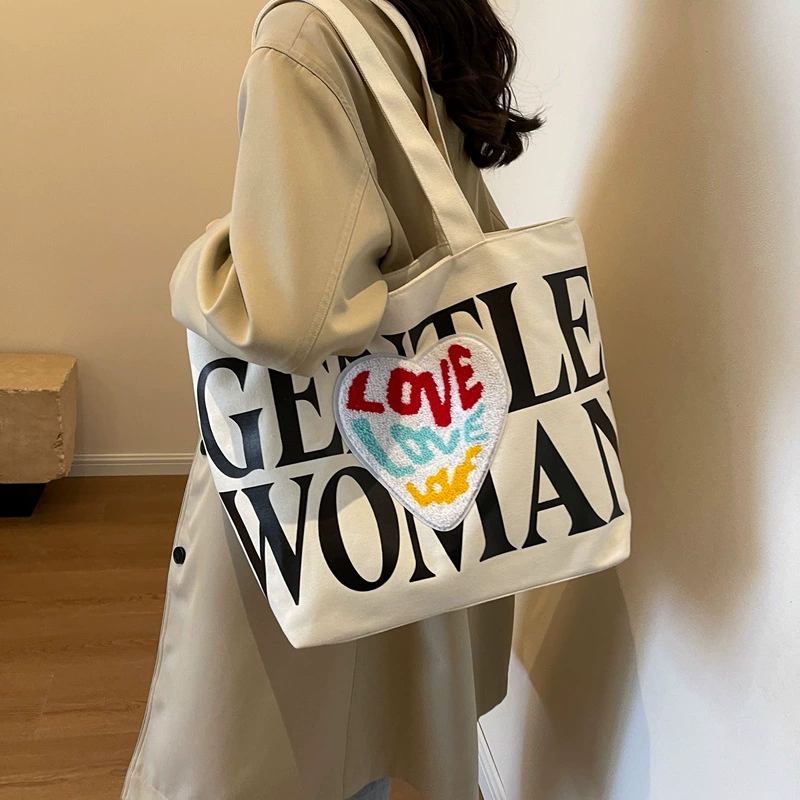 Трансграничная новая плюшевая сумка с принтом любовного письма большой емкости модная холщовая модная сумка через плечо оптом