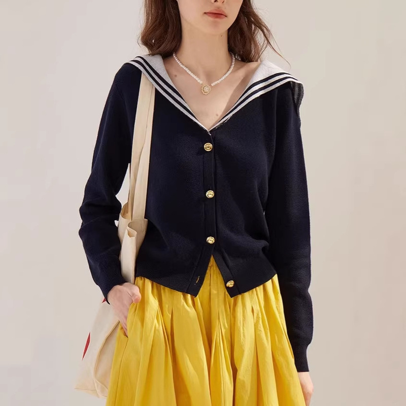 Sullengar French Navy Style Autumn Skin-Friendly Wool Blend Slim Fit Navy Blue V-Neck Knit Sweater for Women Sullengar French Navy Style Autumn Skin-Friendly Wool Blend Slim Fit Navy Blue V-Neck Knit Sweater for Women