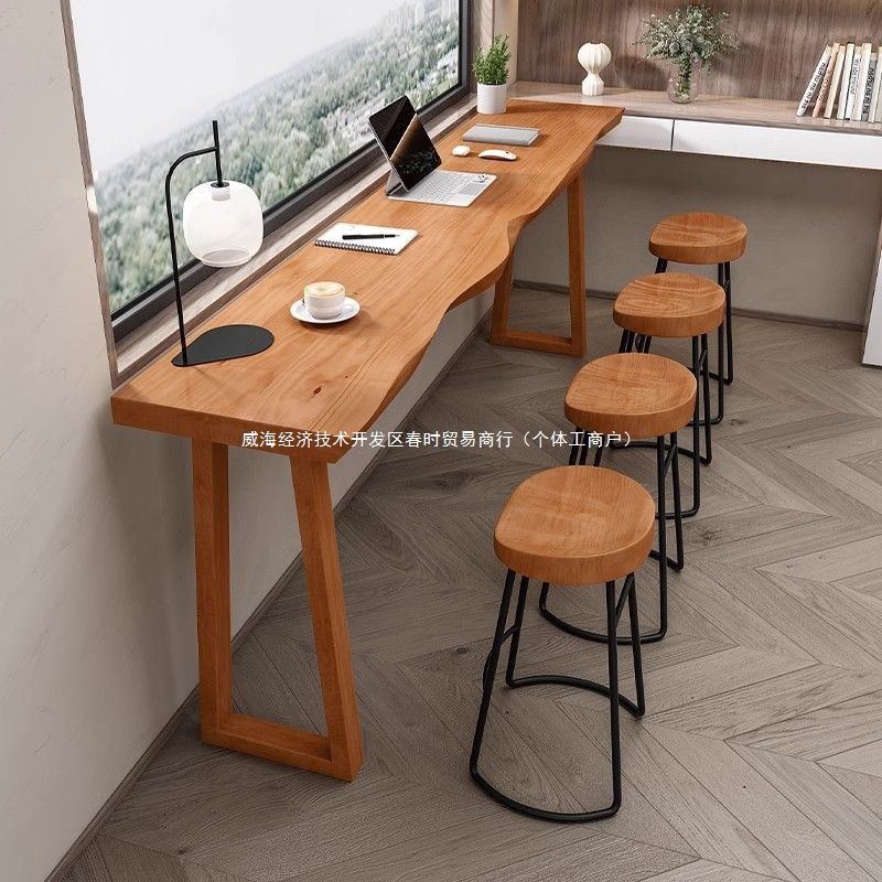 Solid Wood Bar Table and Chair Combination Balcony Window Wall High Narrow Table Home Milk Tea Shop Bar Coffee Long Table