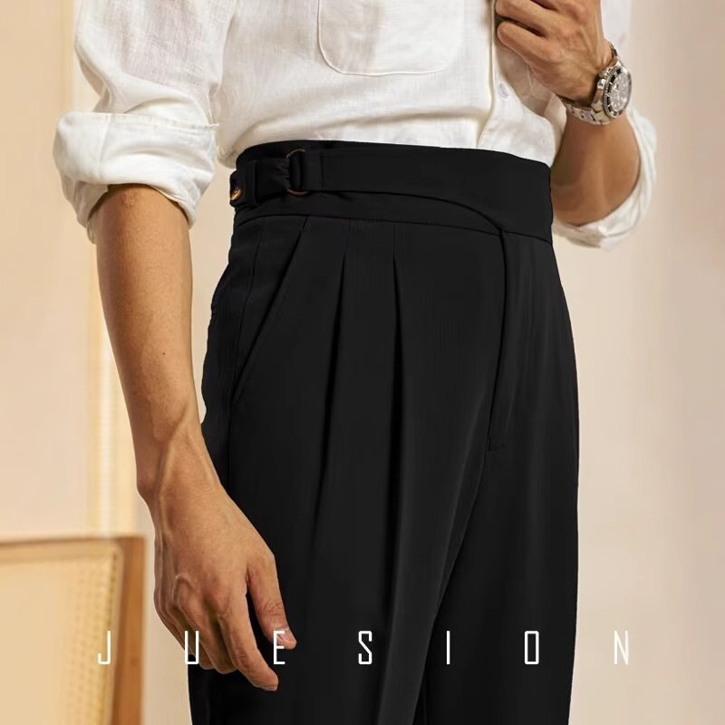 Italian Men's Neapolitan Trousers Parisian Straight Pants with Buckle Waist