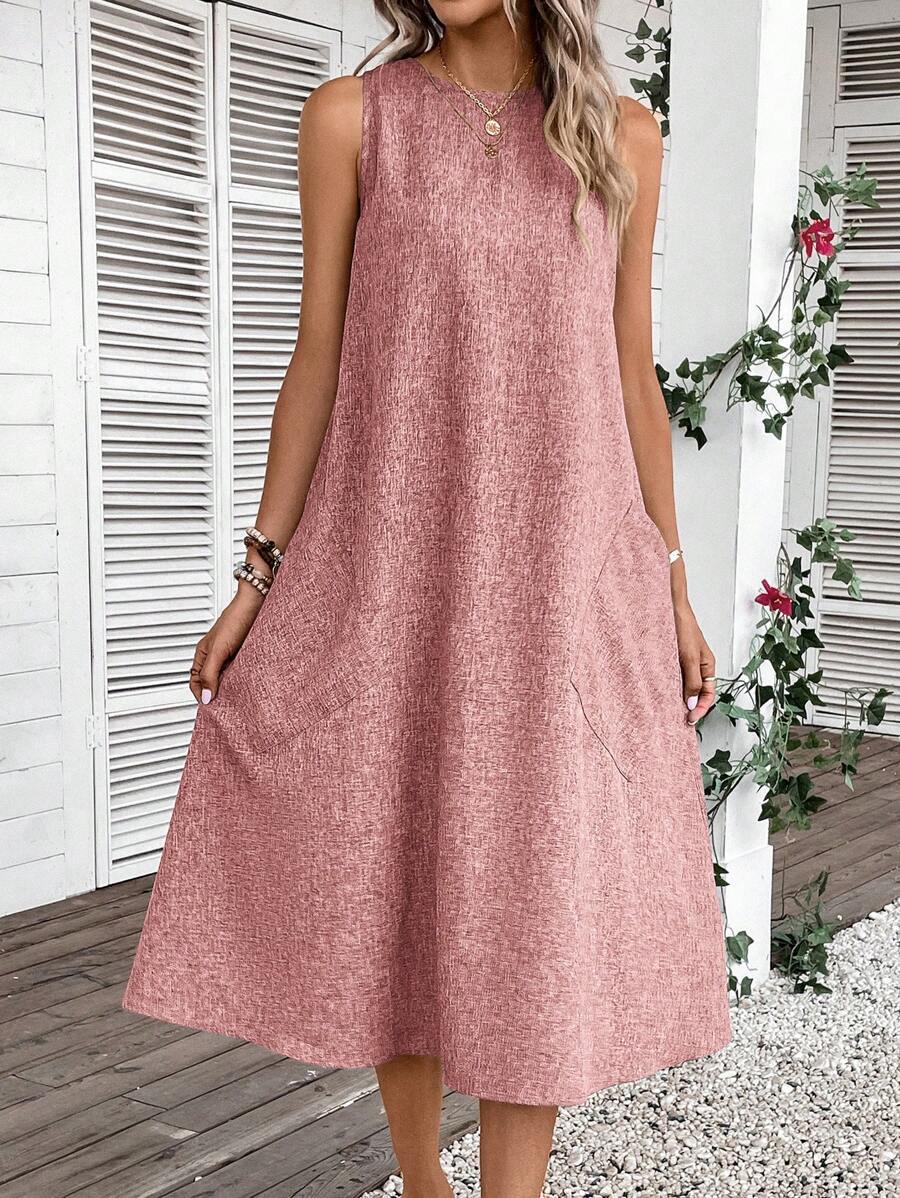 Women's Regular Dress Vintage Style Round Neck Pocket Sleeveless Solid Color Midi Dress Holiday Daily Date display picture 17