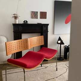 中古侘寂风格波浪椅客厅双人沙发网红复古实木饼干洞洞双人位餐椅