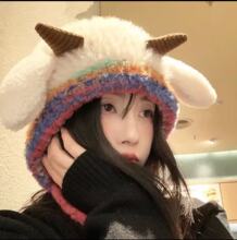 秋冬毛绒羊角保暖包头加绒护耳毛线帽女百搭防寒针织帽子儿童可爱