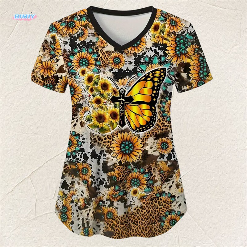 Women's T-shirt V-neck nurse clothing European and American cross-border source factory direct AliExpress leisure and comfortable short sleeve female puppy printing Women's T-shirt V-neck nurse clothing European and American cross-border source factory direct AliExpress leisure and comfortable short sleeve female puppy printing