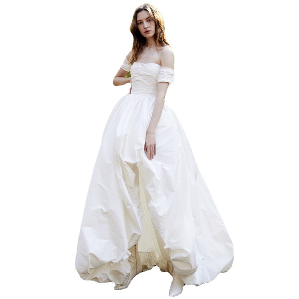 Vestido de boda de taffeta retrógrado frente corto después largo nicho de novia boda al aire libre adelgazamiento de hilo principal viaje de fotos de vestido de boda ligero