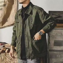 厂家批发秋季美式复古军绿色纯棉工装长袖衬衫男士休闲衬衣外套
