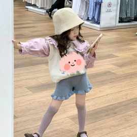 一件代发2023韩版童装女童甜美娃娃衫卡通针织背心毛衣短裤三件套