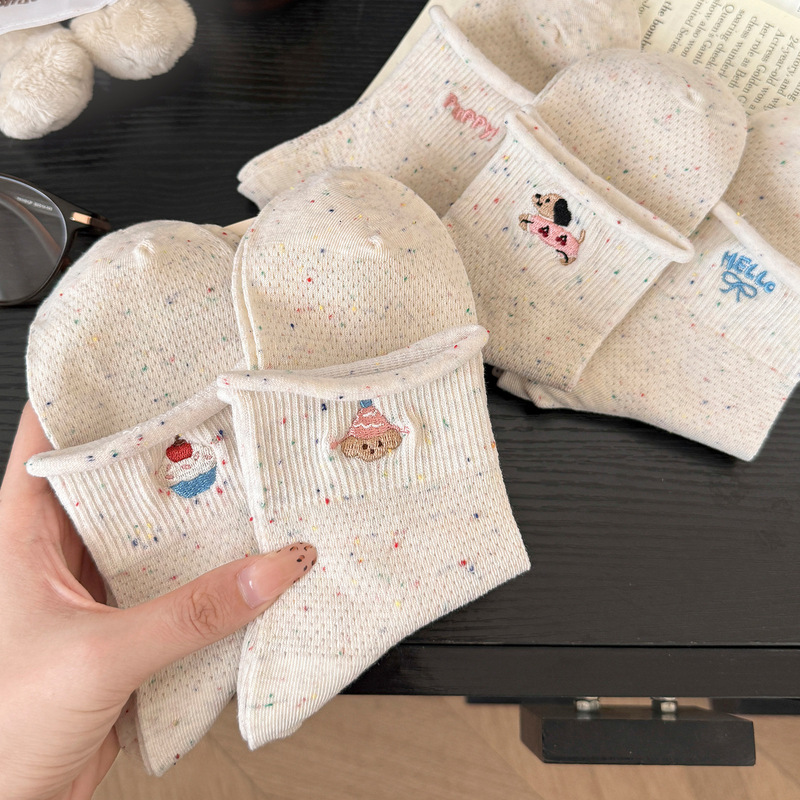 Women's Summer Socks with Rolled Edges, Student Style, Cotton Socks, Mesh Breathable, Ins-Style, Bowknot, Versatile Mid-Calf Socks, Wholesale