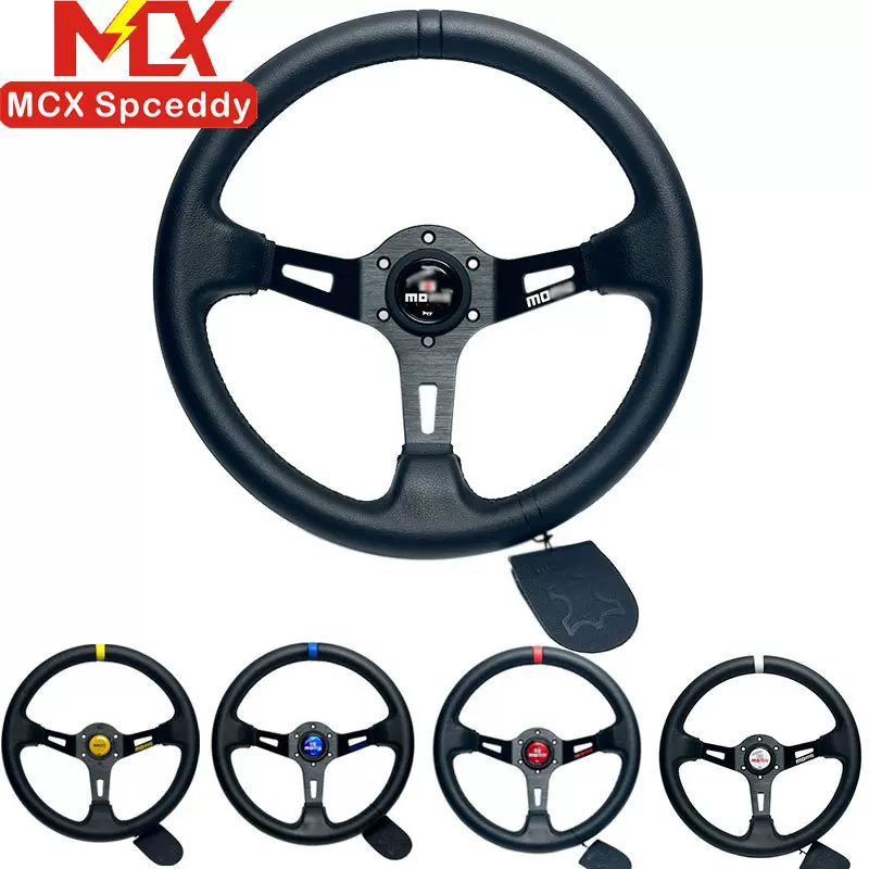 跨境13寸真皮方向盘大凹深凹款赛车漂移转向盘运动竞技通用70mm