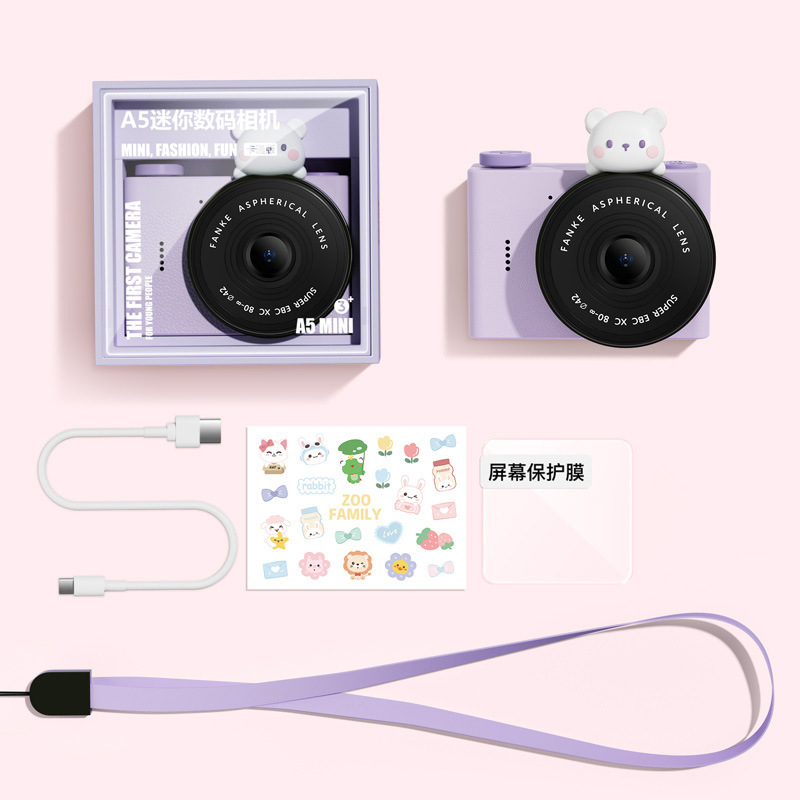 Cámara de estudiante de dibujos animados para niños A5 Cámara de bolsillo portátil de doble cámara delantera y trasera Mini cámara digital Regalo del día de los niños