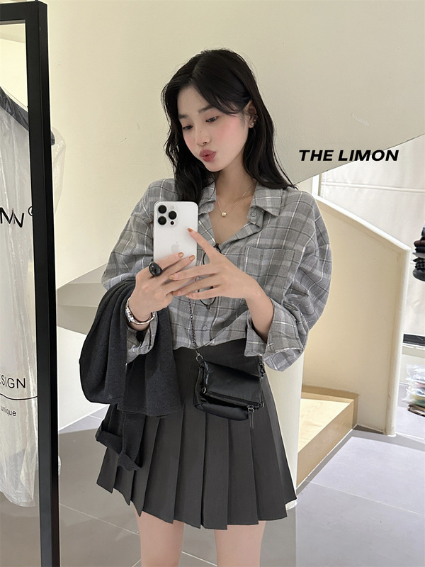 THE LIMON柠檬绿茶2025秋季复古气质百搭宽松格纹百搭衬衫上衣女|undefined