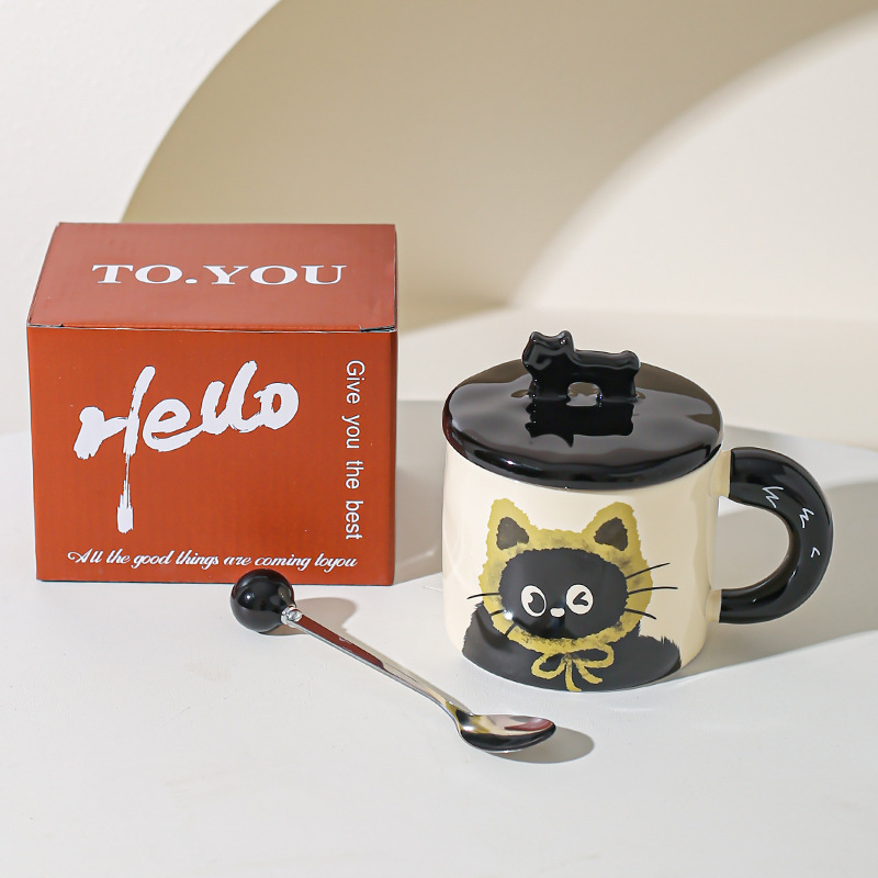 Cute gato gato taza de oficina taza de cerámica con taza de agua cubierta regalo pareja acompañante caja de regalo creativa de cumpleaños