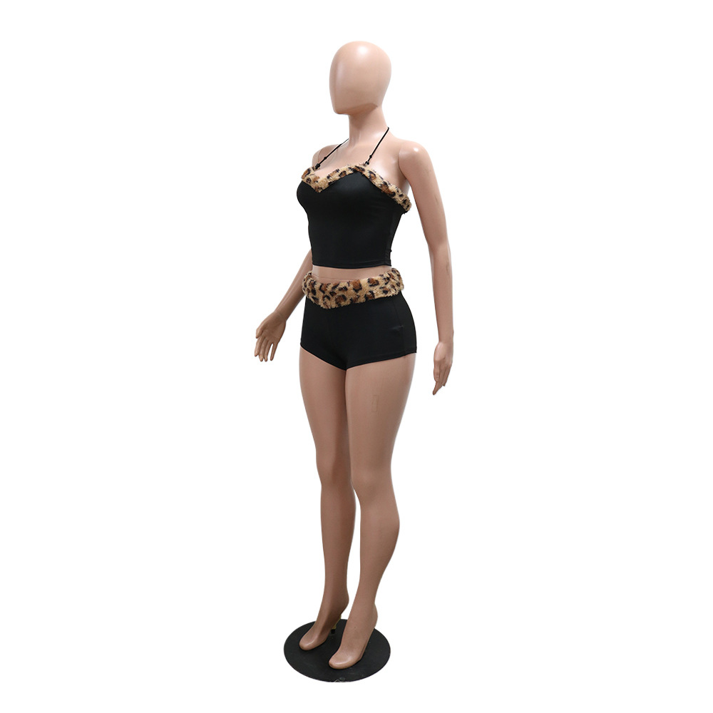 Women Sexy Knotted Short Top with Ultra Short Leopard Splicing Milk Silk Two Piece Set