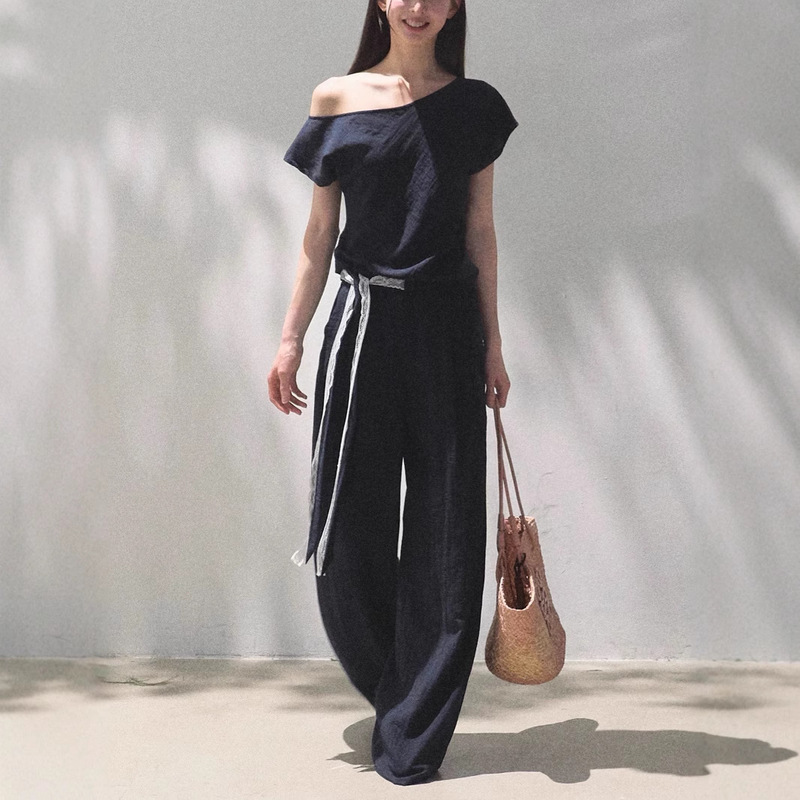 Oakmo Basic* Story from the Distance Linen Off-Shoulder Short-Sleeve Shirt Casual Long Pants Sun Protection Set