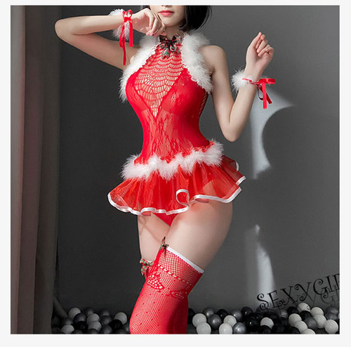  New Year Red New Sexy Lingerie Uniform Temptation New Year's Day Elk Plush Sexy One-piece Net Clothing Suit