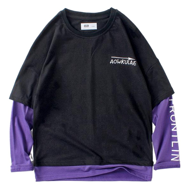 Primavera y otoño estilo coreano ropa para niños nueva camiseta de manga larga para niños medio y grande color de algodón para niños a juego camisa de fondo para niños de dos piezas falsas