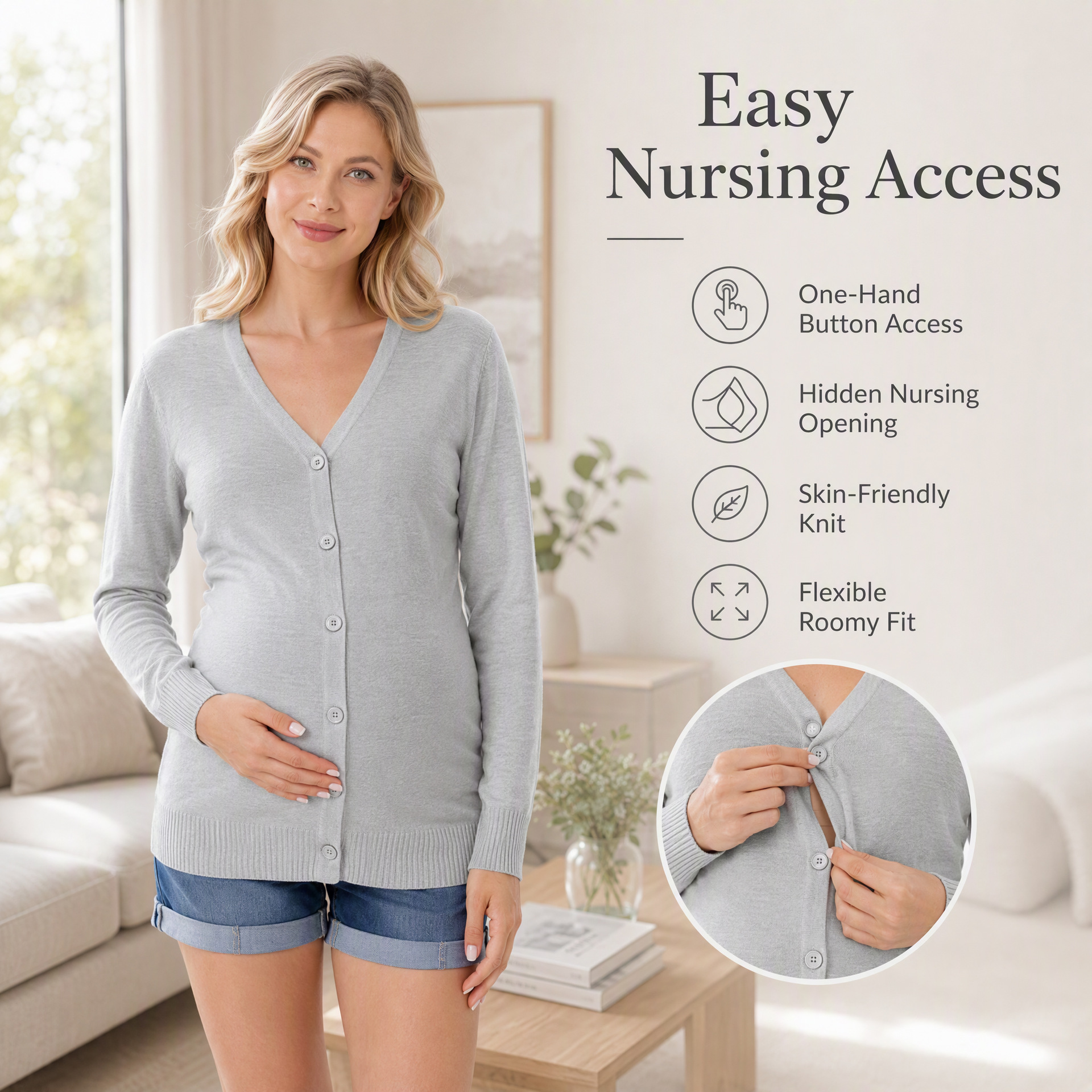V-neck, single-breasted, knitted cardigan for pregnant women, long-sleeved, stretchy, loose-fitting, suitable for breastfeeding during pregnancy and postpartum