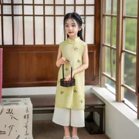 2024 дети весна и лето новый кружевной с короткими рукавами платье cheongsam свежий литературный темперамент улучшенный cheongsam