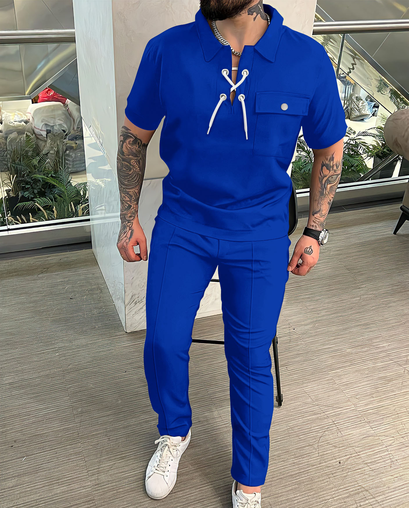 Otoño Amazon AliExpress europeo y americano transfronterizo hombres camisa casual manga corta Camiseta + Pantalones hip hop traje de personalidad