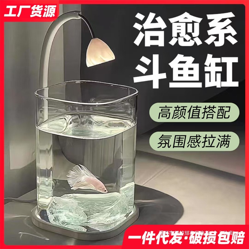 斗鱼适用缸小型网红创意造景玻璃缸桌面观赏小夜灯装饰生态养鱼缸