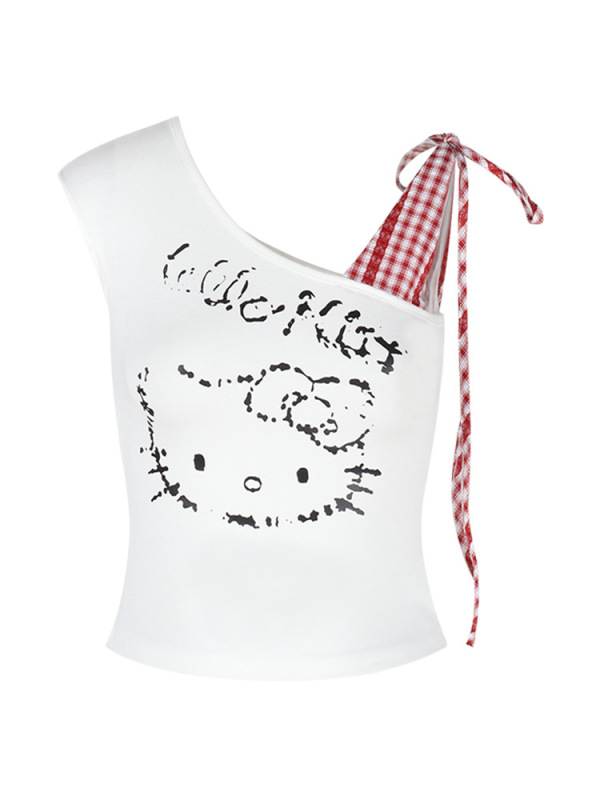 白い格子はkittyの肩のベストtシャツの女性の夏のデザイン感をつなぎ合わせます。|undefined