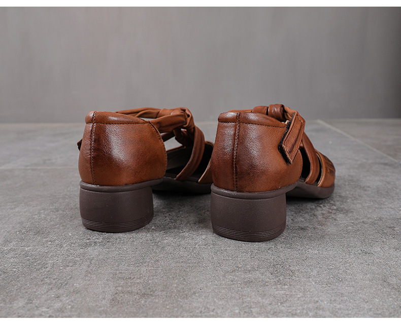 Sandal nữ da bò thật phong cách La Mã cổ điển, đế mềm, quai đan hở thoáng khí — màu nâu chi tiết 12