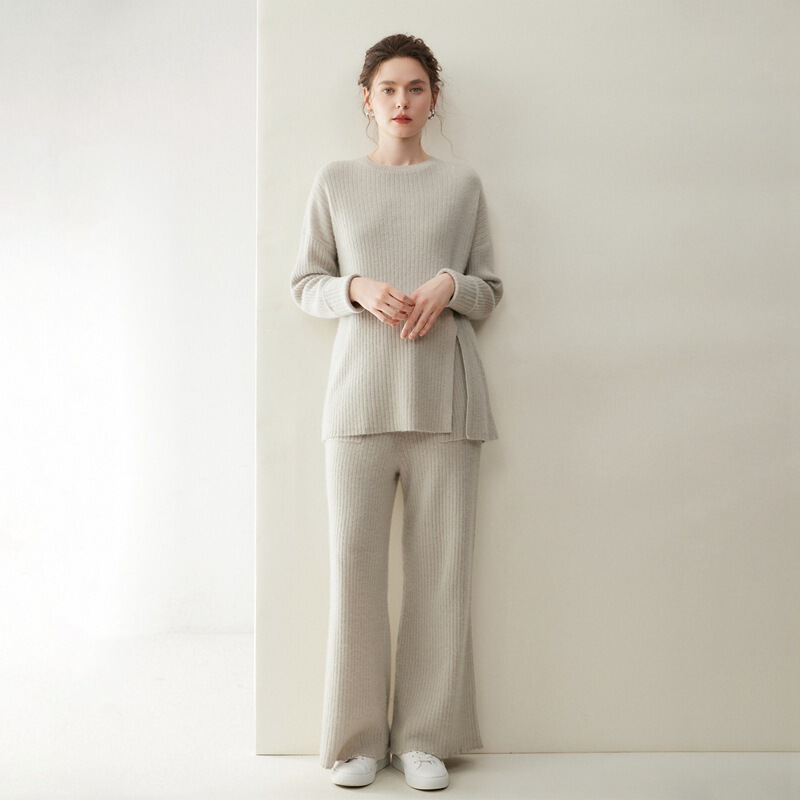 Light Luxury Casual Cashmere Suit Women's Round Neck Pullover Long-Sleeved Sweater Wide-Leg Pants 2025 Autumn and Winter New Two-Piece Set