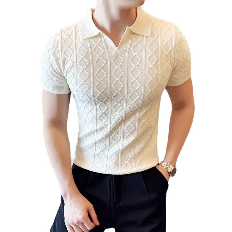 Verano nuevo estilo suéter de manga corta camisa POLO con textura para hombre solapa de negocios con cuello en V camiseta delgada comercio exterior al por mayor transfronterizo