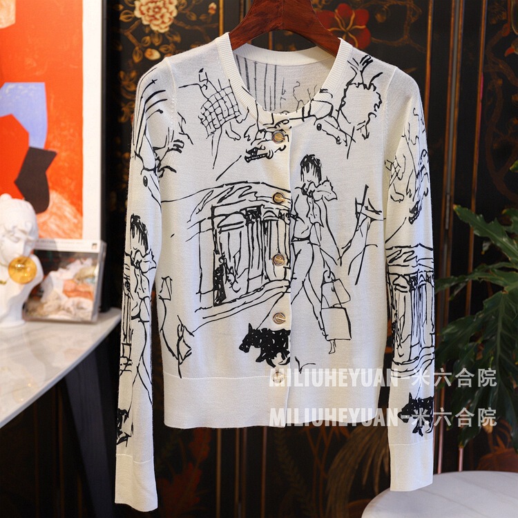 Aesthetic and taste are crazy! 60 worsted... smooth! Light and thin! Hand-painted printed wool knitted cardigan