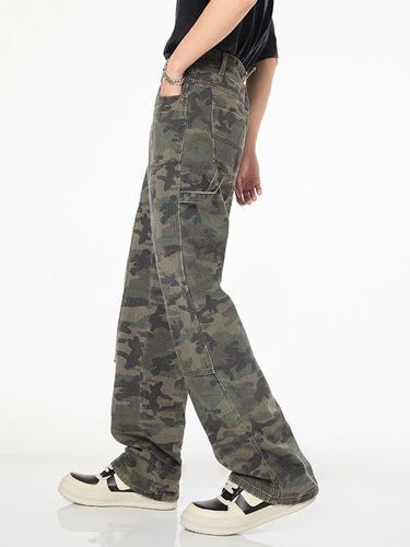 xxbro Men's Clothing #American Straight Leg Trendy Brand Denim Pants Wide Leg Splicing Camouflage Outdoor Logging Pants for Men and Women