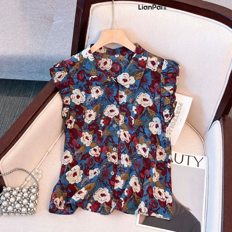 2026 Summer New Style Sleeveless Polo Collar Floral Chiffon Shirt for Women, Unique and Stylish Small-Sized Vest Shirt Trend