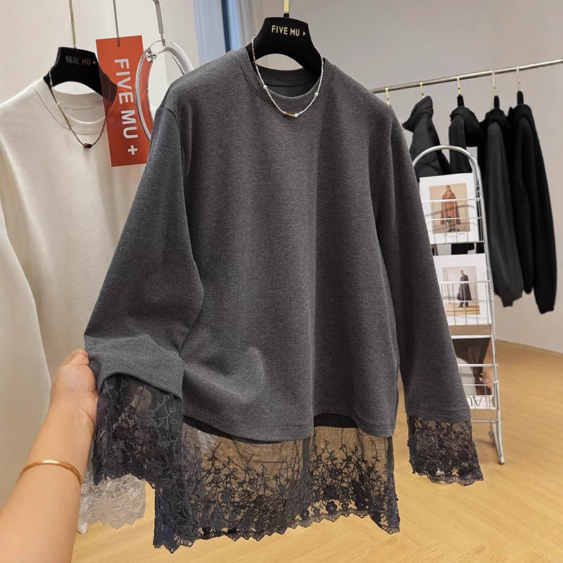 High-grade Lace Stitching Scrub Long-sleeved T-shirt Women's Autumn and Winter Inner Wearing Base Shirt Western Style Top